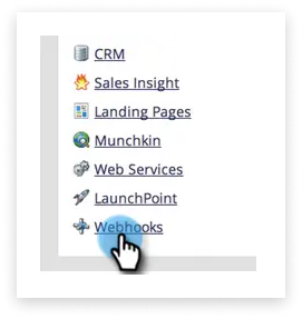 Captura de pantalla colorida de las opciones desplegables del software Marketo, destacando webhooks