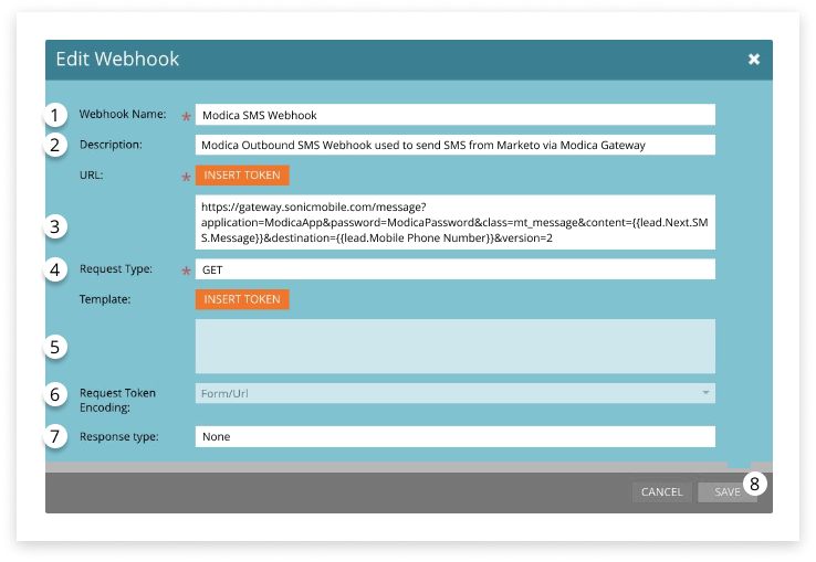 Captura de pantalla colorida de las opciones de webhook del software Marketo, destacando nuevos webhooks