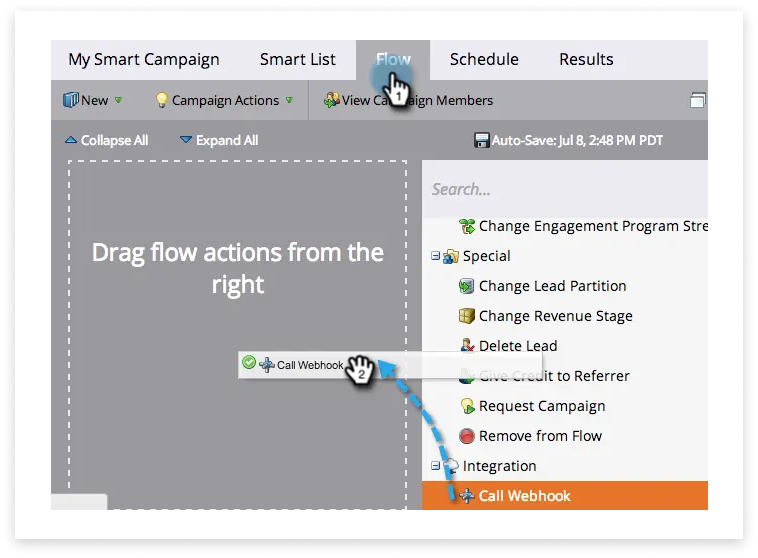 Captura de pantalla colorida de Marketo Engage, mostrando la pestaña de flujo seleccionada y un elemento 'call webhook' siendo arrastrado a la configuración