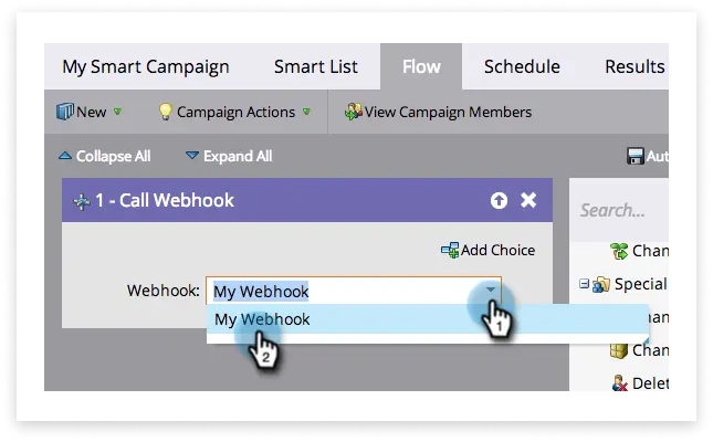 Captura de pantalla colorida que muestra un webhook siendo seleccionado