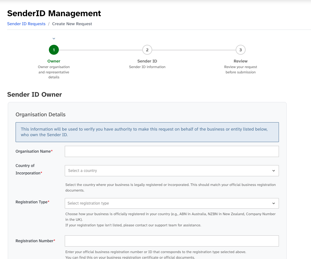 Screenshot of Sender ID request Nav item