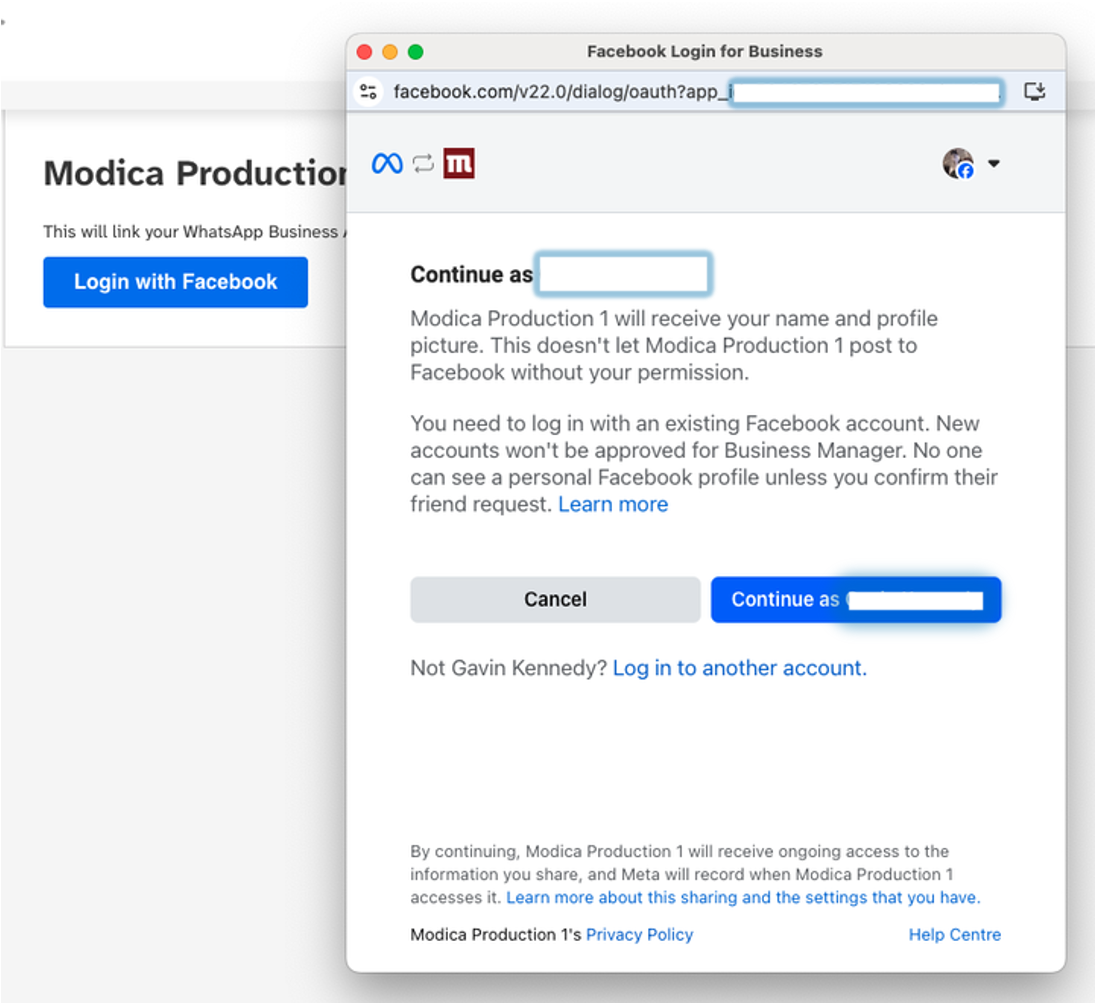screenshot from inside Meta, giving permission for Modica to manage your WhatsApp Business Account
