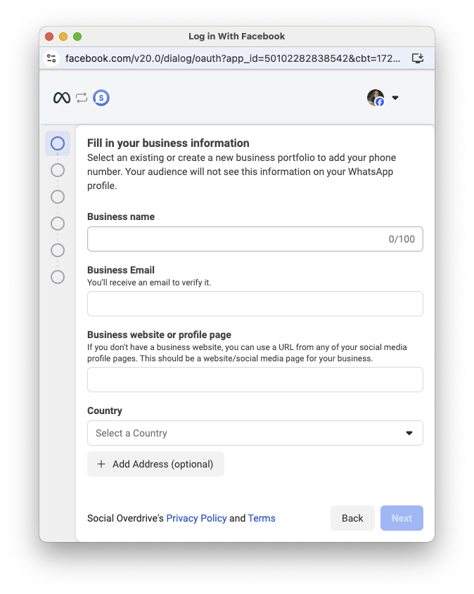 screenshot inside Meta of creating a business profile to connect to Modica Group for access to the WhatsApp Business API