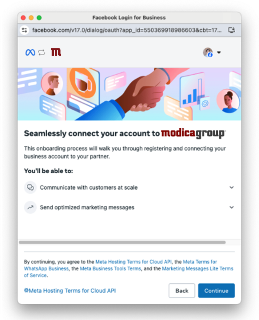 screenshot from inside Meta, giving permission for Modica to manage your WhatsApp Business Account