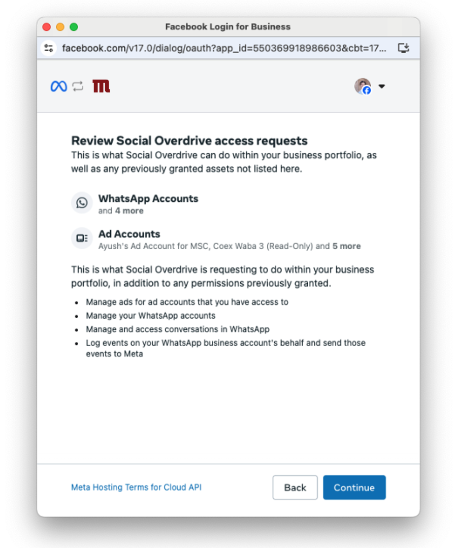 screenshot inside Meta of the permissions assigned when connected to Modica Group for access to the WhatsApp Business API