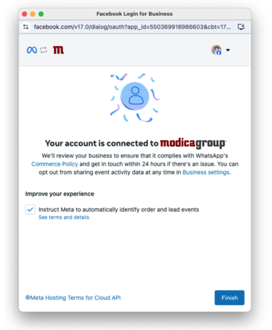 screenshot inside Meta of successful embedded signup and connection to Modica Group for access to the WhatsApp Business API