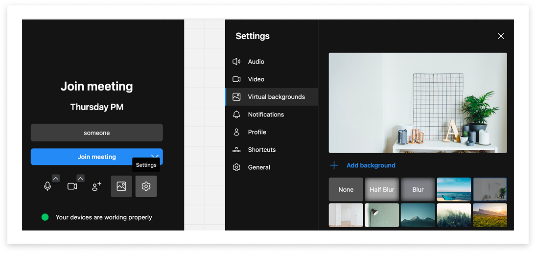 an in-app video player displaying options to name yourself, join a meeting, and setting configuration